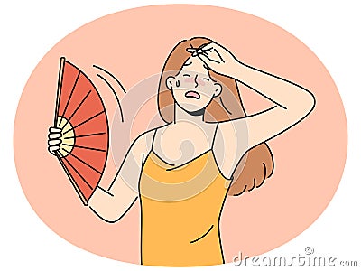 Unwell woman with handfan suffer from heatstroke Vector Illustration