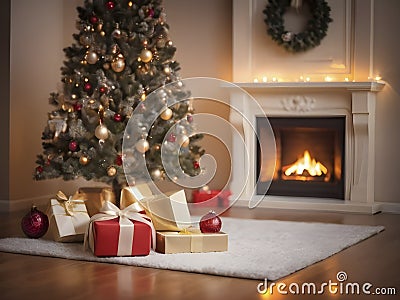 Unwrapping Joy with a Gift Under the Christmas Tree in a Cozy Interior Stock Photo