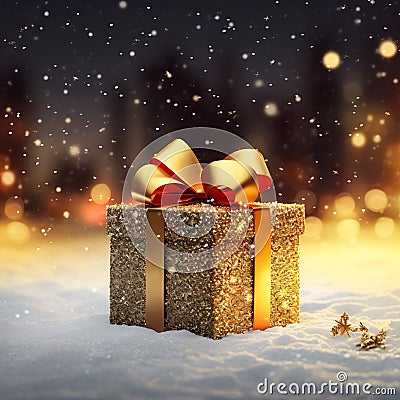 Unwrapping the Magic: A Festive Closeup of a Gift Box with Snow Stock Photo