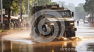 Unyielding Spirit: Military Convoy Navigates the Flooded Avenues. Generative AI Stock Photo