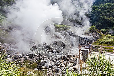 Unzen Hot Spring & Unzen Hell landscape in Nagasaki, Kyushu Editorial Stock Photo