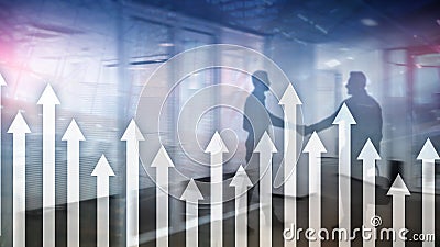 Up arrow graph on skyscraper background. Invesment and financial growth concept Stock Photo
