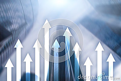 Up arrow graph on skyscraper background. Invesment and financial growth concept Stock Photo