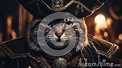 Up close head and shoulders view of a pirate cat, wearing a hat and coat ai created Stock Photo