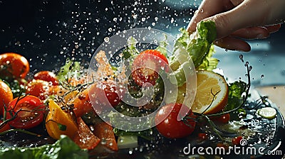 Close-up of a hand holding fresh vegetables, drops of water, healthy food, healthy diet, vegetarian Stock Photo