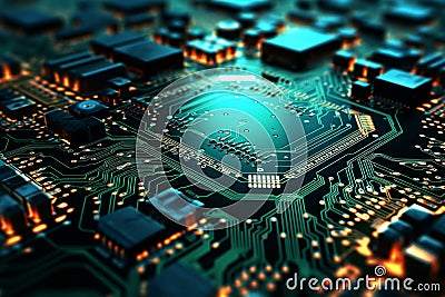 An up-close image of a computer's printed circuit board, revealing a multitude of parts and a central processor. Stock Photo