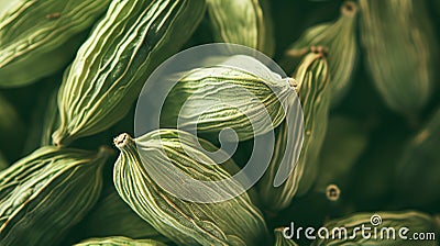 An up close image of fragrant cardamom pods nestled together, showcasing vibrant. Generative Ai Stock Photo