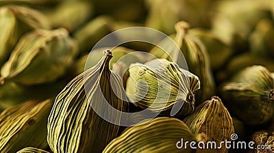 An up close image of fragrant cardamom pods nestled together, showcasing vibrant. Generative Ai Stock Photo