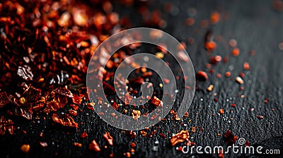 An up close image of vibrant red chili flakes sprinkled on a dark surface, creating . Generative Ai Stock Photo