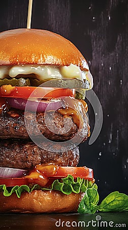 Up close look at tempting handmade burger on dark background Stock Photo