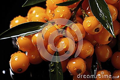 Up close and personal with plump, ready-to-pick sea-buckthorn berries on a resilient tree branch Stock Photo