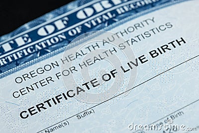 Up close shot of the certificate of live birth Editorial Stock Photo