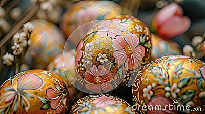 Up close shut of bunch of festively painted or decorated Easter eggs in floral motifs, AI generated Stock Photo