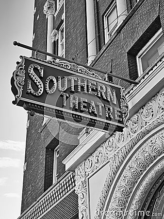 Up close Southern Theater sign in downtown Columbus Oh B & W Editorial Stock Photo