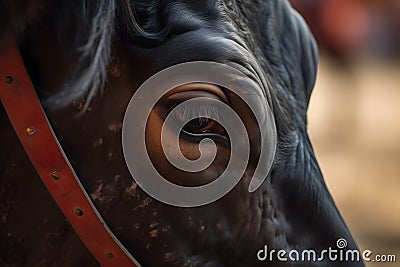 Up-close view of a bullfight, capturing the intensity and danger of the interaction between matador and bull. Generative AI Stock Photo