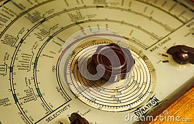 Up close vintage SHORTWAVE radio tuning dial and scale Editorial Stock Photo