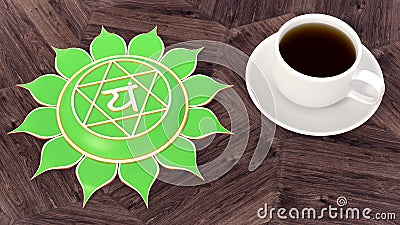 Ð¡up of coffee on a wooden table. Morning Chakra Meditation. Anahata symbol 3d illustration Stock Photo