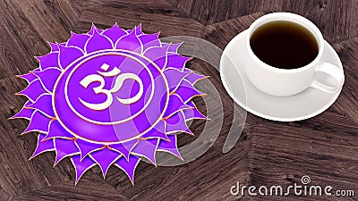 Ð¡up of coffee on a wooden table. Morning Chakra Meditation. Sahasrara symbol 3d illustration Stock Photo