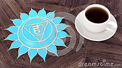 Ð¡up of coffee on a wooden table. Morning Chakra Meditation. Vishuddha symbol 3d illustration Stock Photo