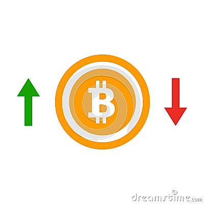 Up and down arrows bitcoin course flat icon. Concept of simple bitcoin badge Vector Illustration
