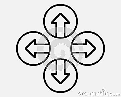 Up Down Left Right Four Arrows Pointer Point Arrowhead Arrow Outline Line Icon Sign Symbol Direction Cursor Position North South Vector Illustration