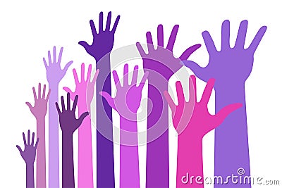 Up hands bright colorful distort icon. Raised hands in perspective. Vector logo distorted illustration. Violet pink Vector Illustration