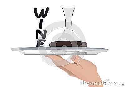 up and hands silver tray with wine Vector Illustration