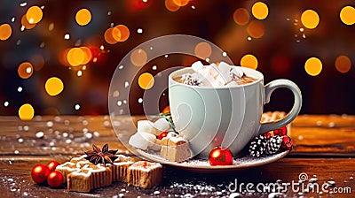 ?up of hot chocolate with marshmallows on a rustic wooden table, cozy Christmas atmosphere Stock Photo