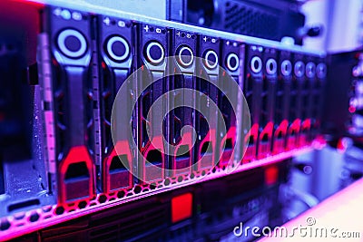 Up-to-date rack-mounted illuminated computer hardware in data center Stock Photo