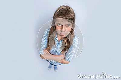 Up view of standing woman with emotional face grimace Stock Photo