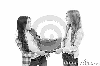 Upbringing and greediness problem. Greedy friends. Greedy children concept. Share book with classmate. This is my Stock Photo