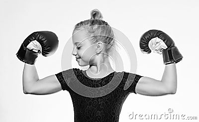 Upbringing for leadership and winner. Strong child boxing. Sport and health concept. Boxing sport for female. Be strong Stock Photo