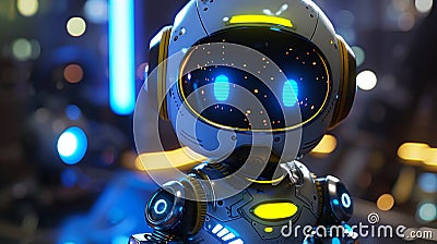 An upclose image of a bubbly and adorable robot character with yellow and blue accents and a glowing screen for a face Stock Photo