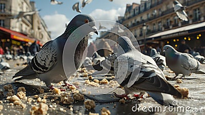 An upclose look at a group of pigeons feasting on tered crumbs in a crowded downtown plaza Stock Photo