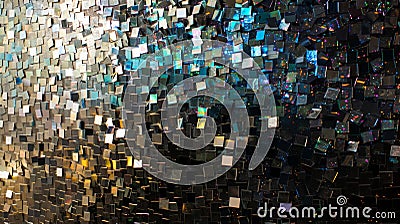 An upclose look at a large wall installation made from layers of discarded CDROMs and floppy disks creating a sparkling Stock Photo