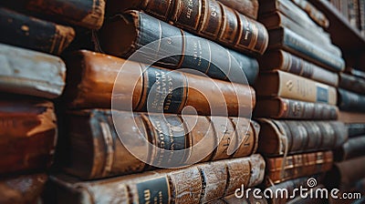 An upclose photo of a stack of dusty leatherbound books of various sizes all bearing the same embossed title of a Stock Photo