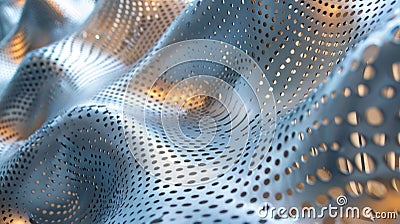 An upclose view of a perforated screen made of adaptive material used to regulate sunlight and temperature inside a Stock Photo