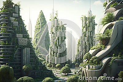the upcoming green city. Amazing eco-futuristic urban scene ESG idea features a lot of trees and highrises. AI generative Stock Photo