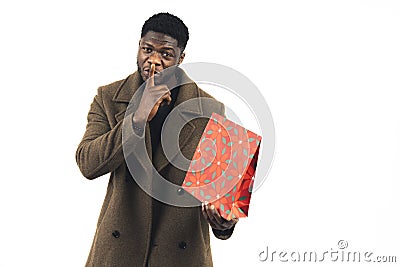 upcoming silent surprise black man white background - medium shot Stock Photo