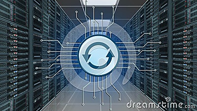 Update logo between information connecting lines - data server room as background - internet or information technology concept Stock Photo
