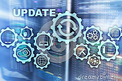 Update Software Computer on Virtual Screen Server Room Datacenter Background. Technology Updating Concept. Stock Photo