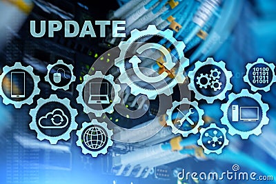 Update Software Computer on Virtual Screen Server Room Datacenter Background. Technology Updating Concept. Stock Photo