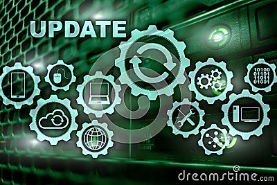Update Software Computer on Virtual Screen Server Room Datacenter Background. Technology Updating Concept. Stock Photo