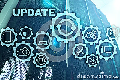 Update Software Computer on Virtual Screen Server Room Datacenter Background. Technology Updating Concept. Stock Photo