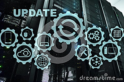 Update Software Computer on Virtual Screen Server Room Datacenter Background. Technology Updating Stock Photo