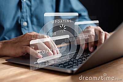 Update software and installing new version system in computer. Man upgrade program, Business technology internet loading bar with Stock Photo