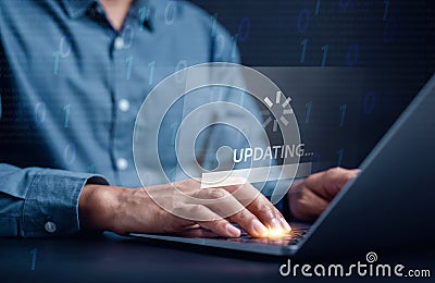 Update software system in computer. Man using smartphone upgrade program, Business technology internet loading virtual bar with Stock Photo