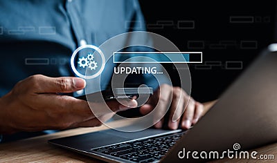Update software system in computer. Man using smartphone upgrade program, Business technology internet loading virtual bar with Stock Photo
