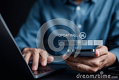 Update software system in computer. Man using smartphone upgrade program, Business technology internet loading virtual bar with Stock Photo