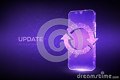 Update, Synchronization, Processing concept. Abstract low polygonal smartphone with update or sync sign. Can be used for topics Cartoon Illustration